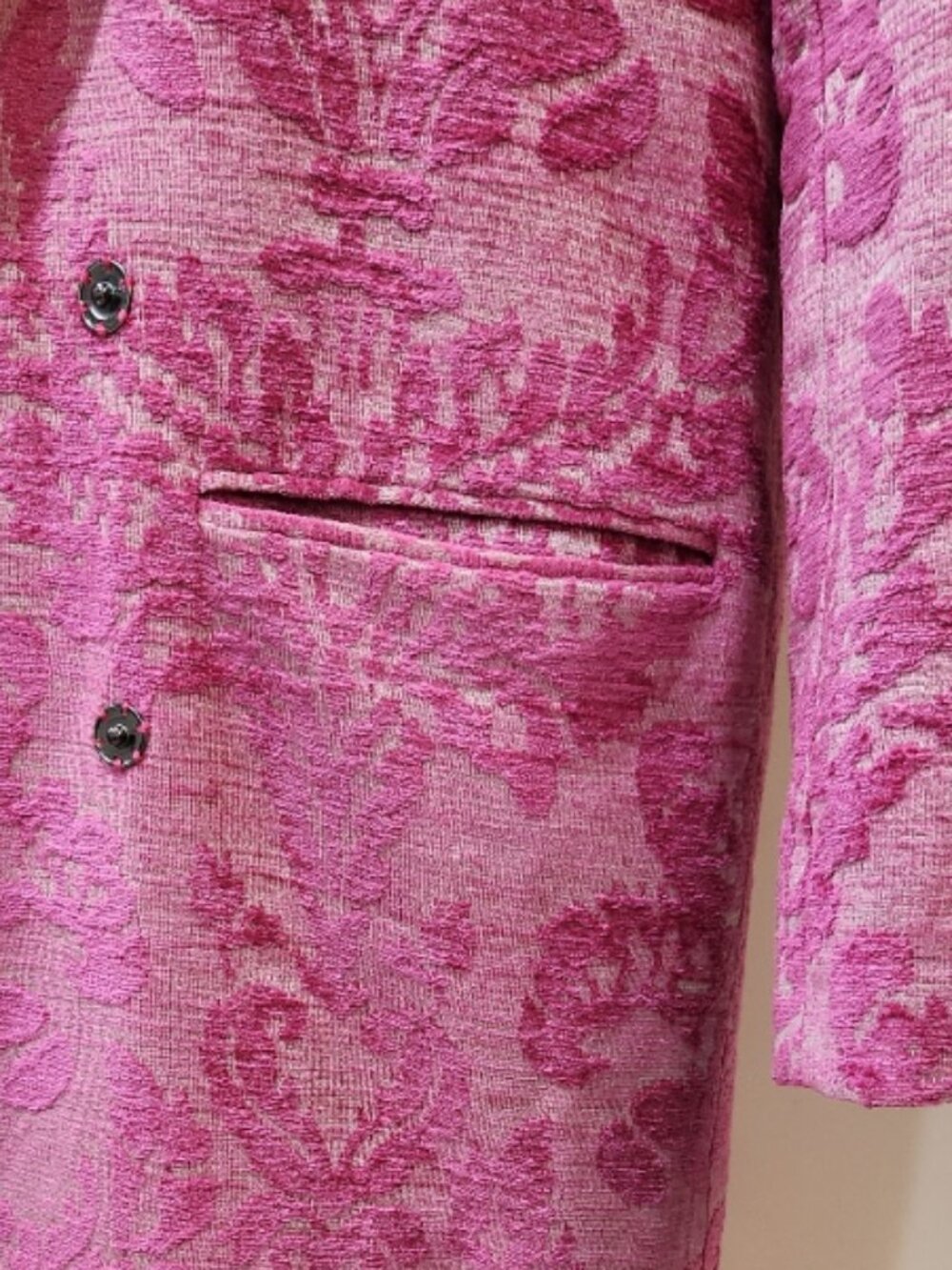 🦋🔥💋UBER GORGE!💋🦋🔥70's Inspired Pink Floral Jacquard Tapestry Trench Coat - Picture 13 of 16